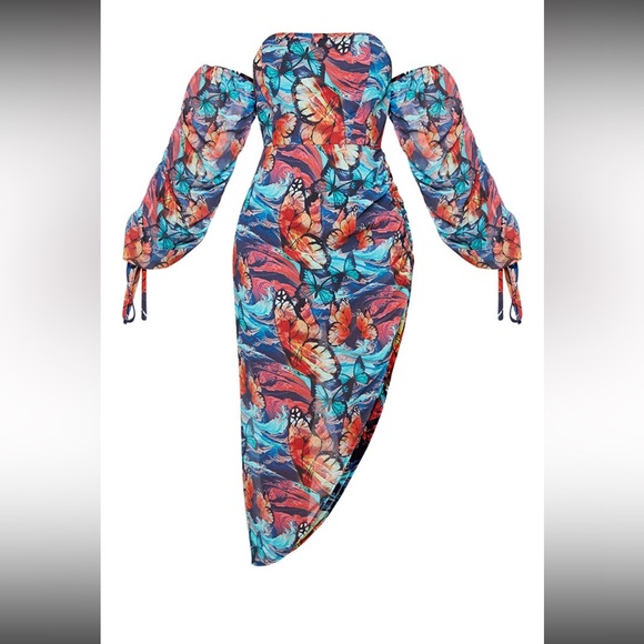 Shape Multi Butterfly Print Bardot Ruched Sleeve Asymmetric Dress - Picture 2 of 7